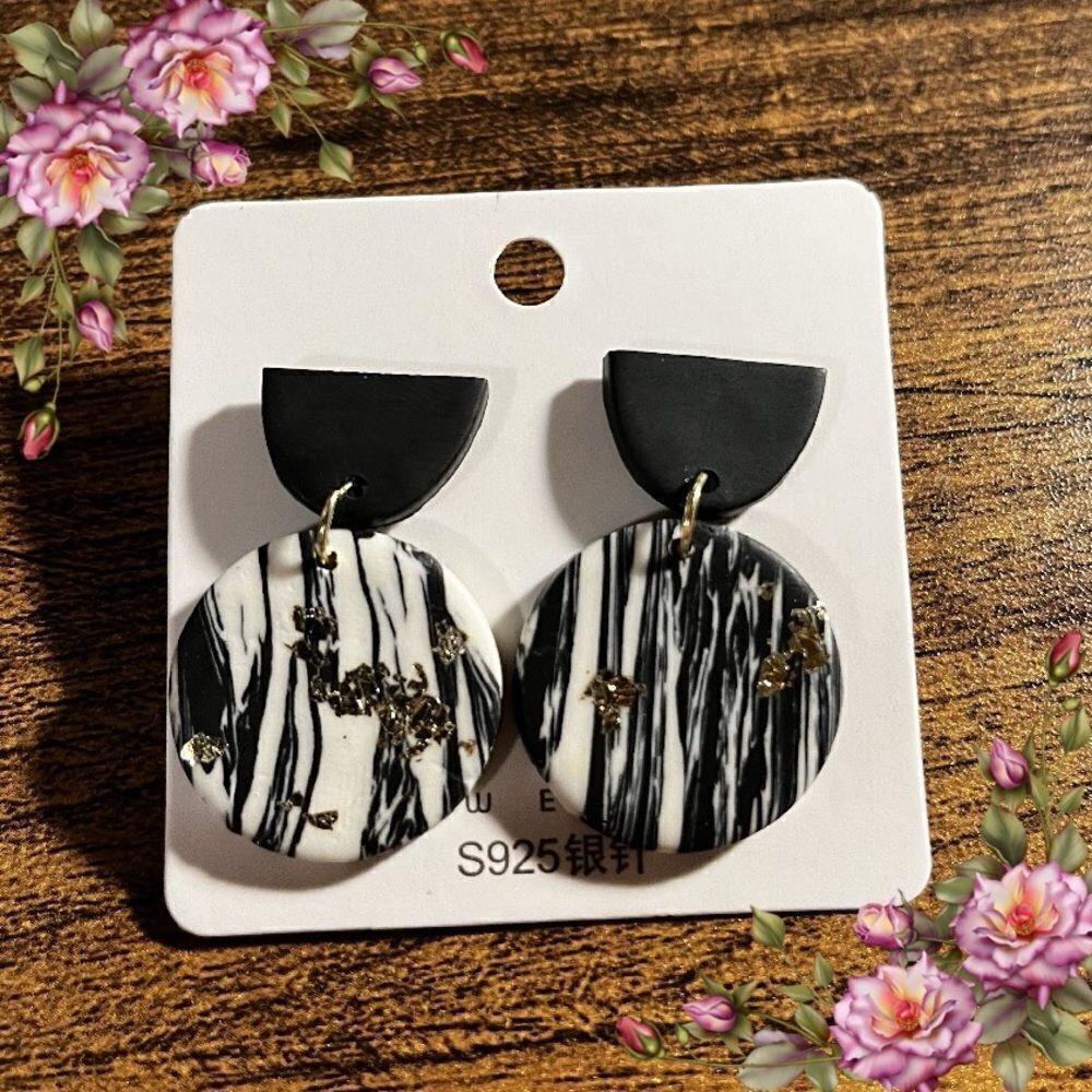 Black & White Marble Disc Drop Earrings with Gold Accents